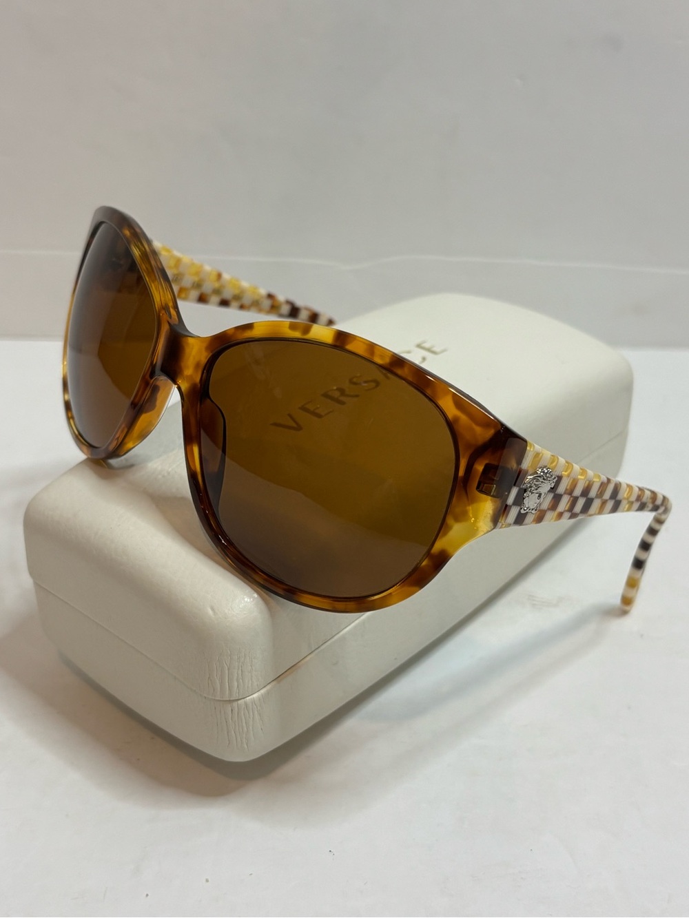 Versace Amber Brown Tortoise Checker Sunglasses VE 4208